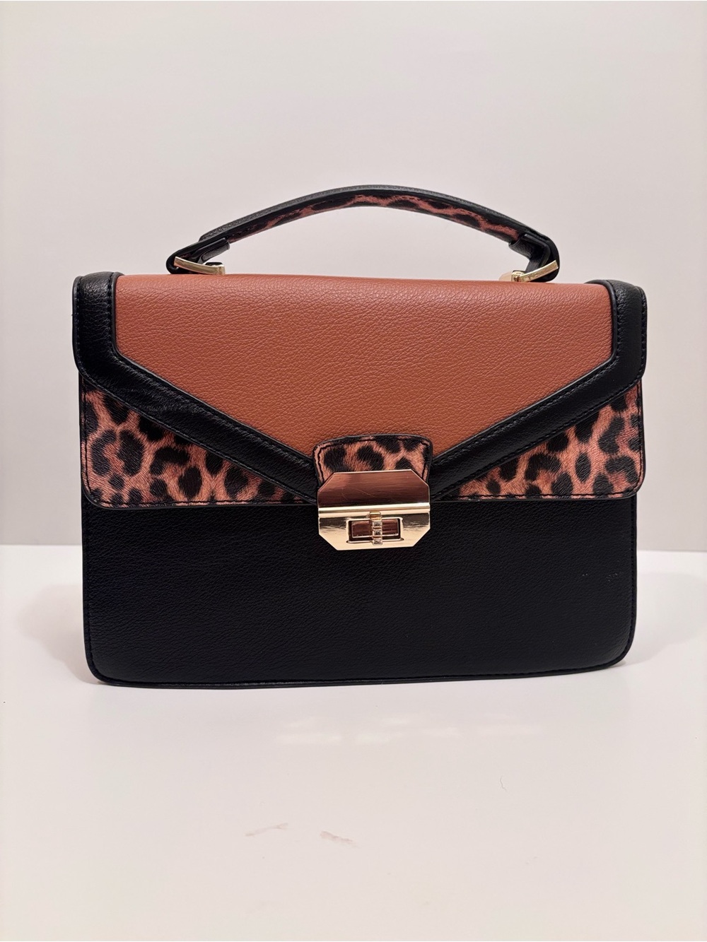 Structured Top-Handle Satchel in Black, Tan and Leopard